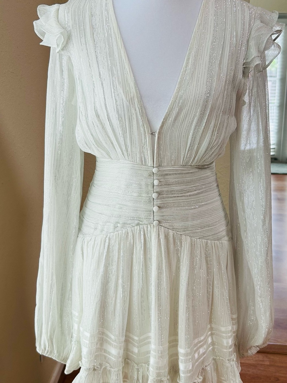 Rococo Sand True Mini dress in white w/ silver Long sleeve. Size Small - Picture 5 of 14